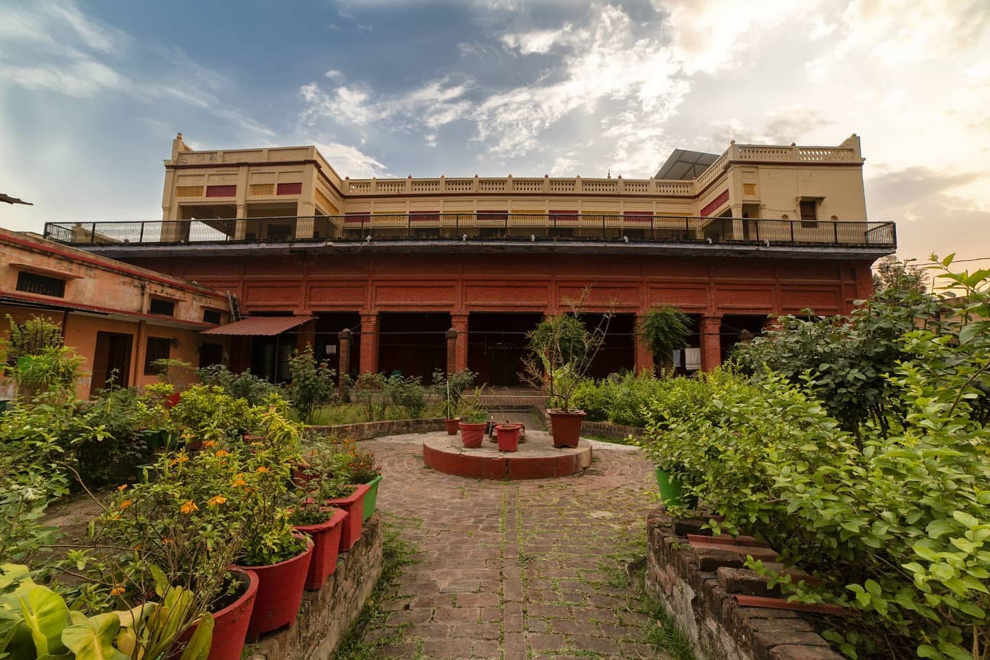 The ashram building at dusk in Rishikesh