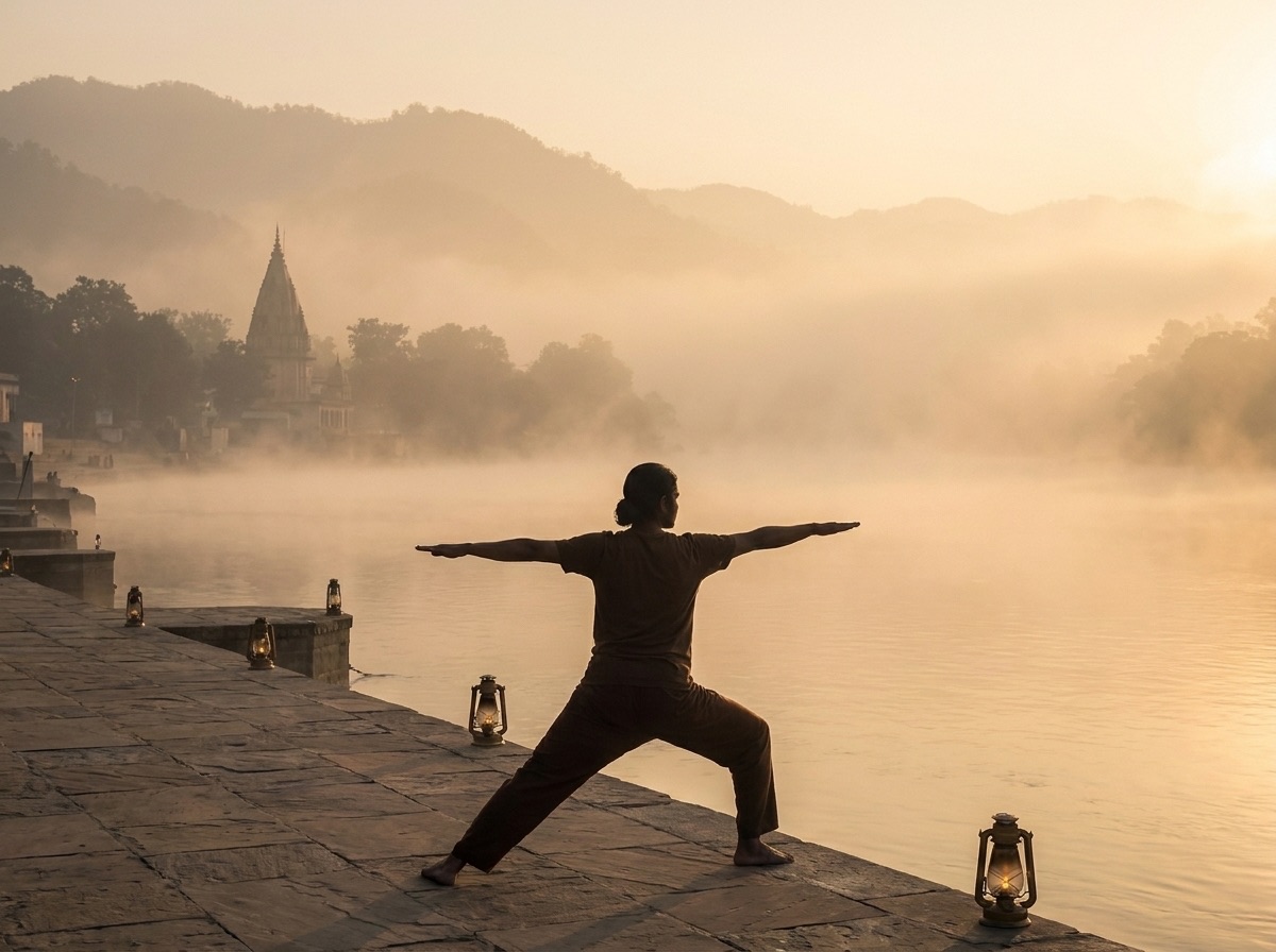 Morning āsana on the river ghat