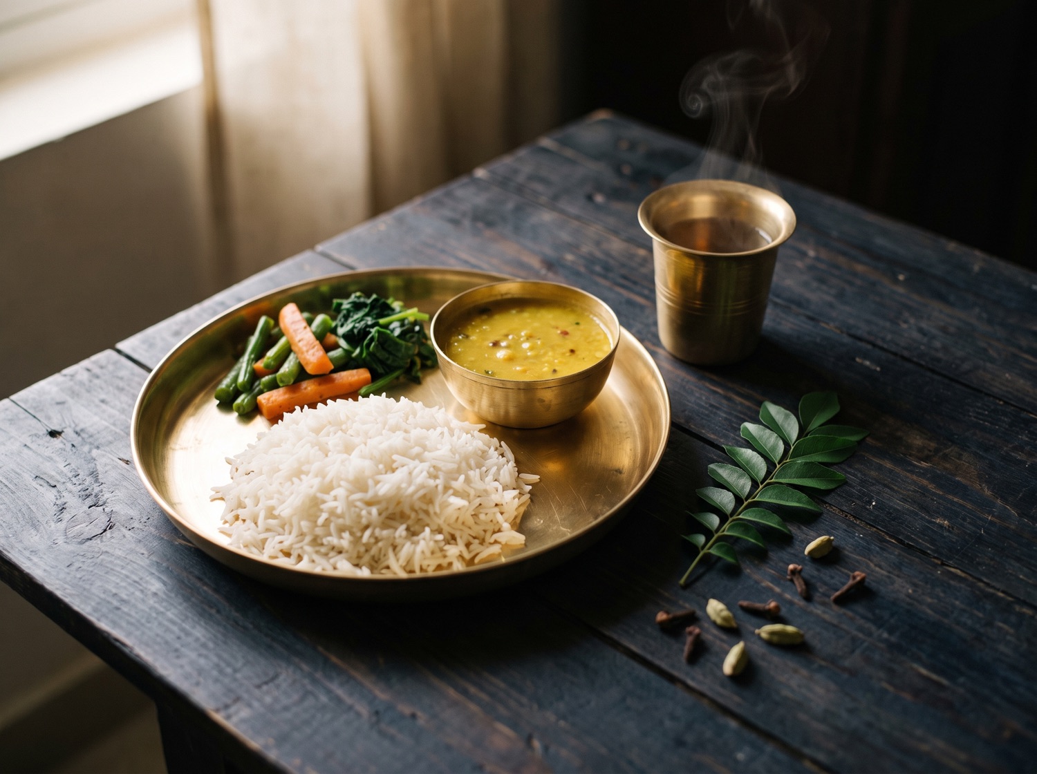 A simple sattvic meal on a brass thali with herbal tea