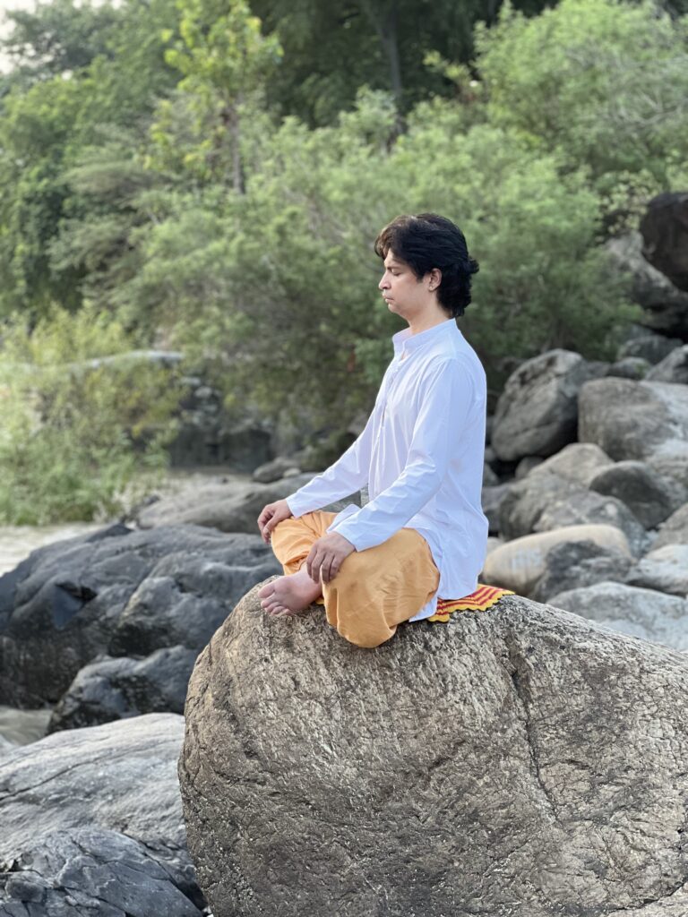 Morning yoga practice on the ashram terrace